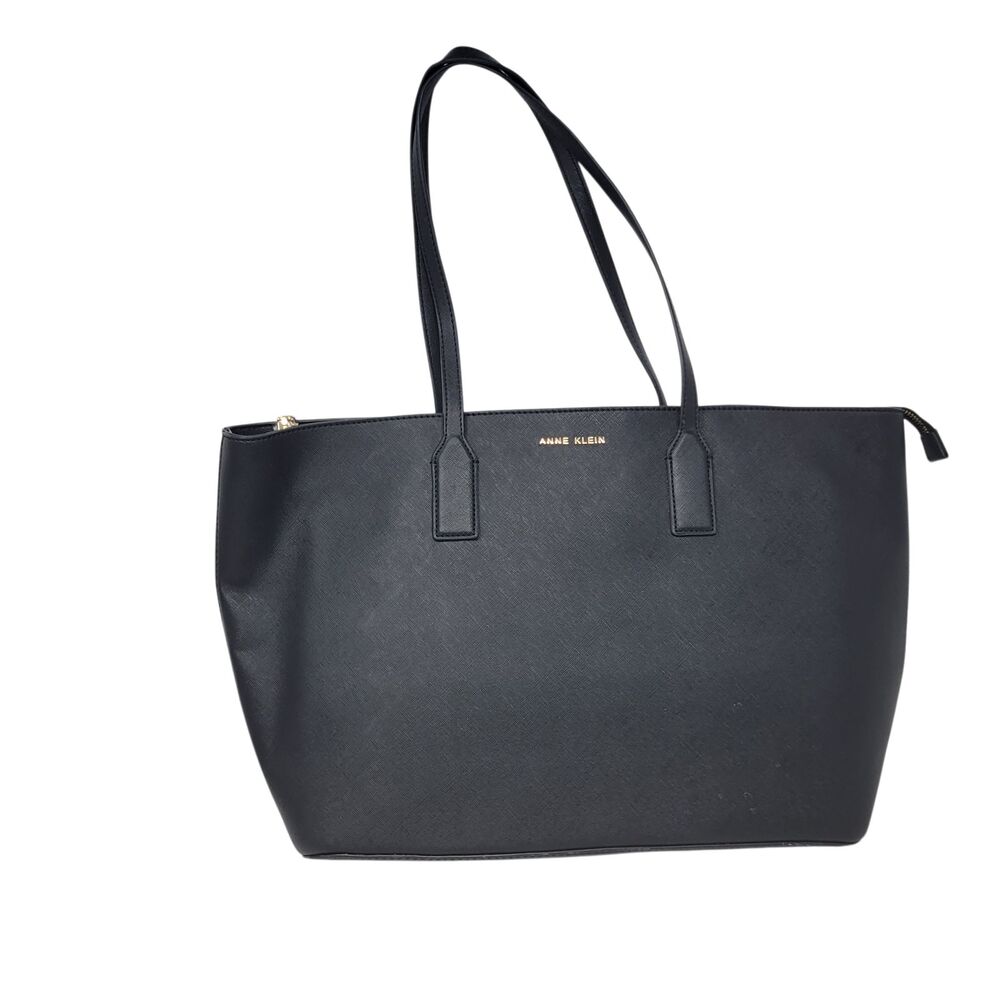 Anne Klein Structured Work Tote Top Zipper Double Handles Black Faux Leather